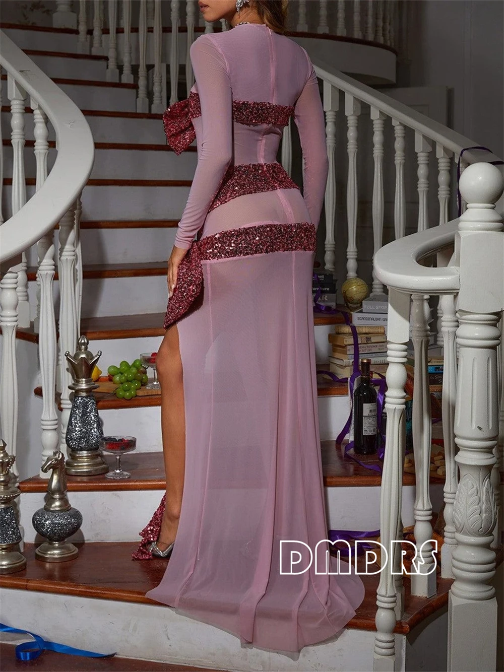 Hohe Elastizität Langarm Schleife Paillettenkleid Volle Ärmel O-Ausschnitt Rosa Pailletten Schleife Ballkleider Cocktailpartykleid