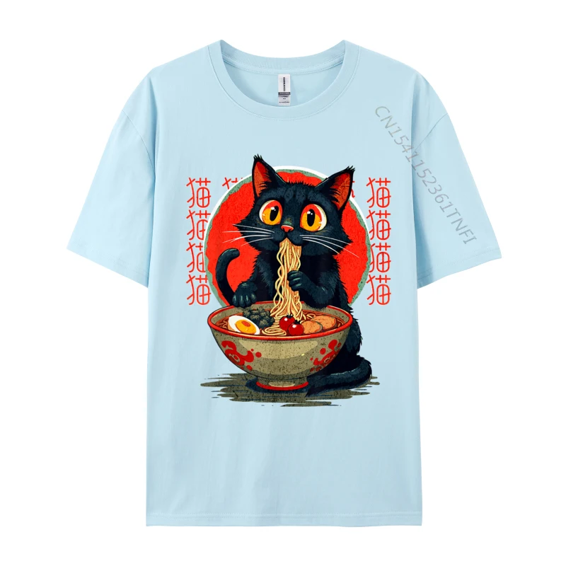 Funny Cute Cat Eating Ramen Japanese Noodles Vintage Printed Top T-shirts Fall Tees 2024 New Fashion Combed Cotton