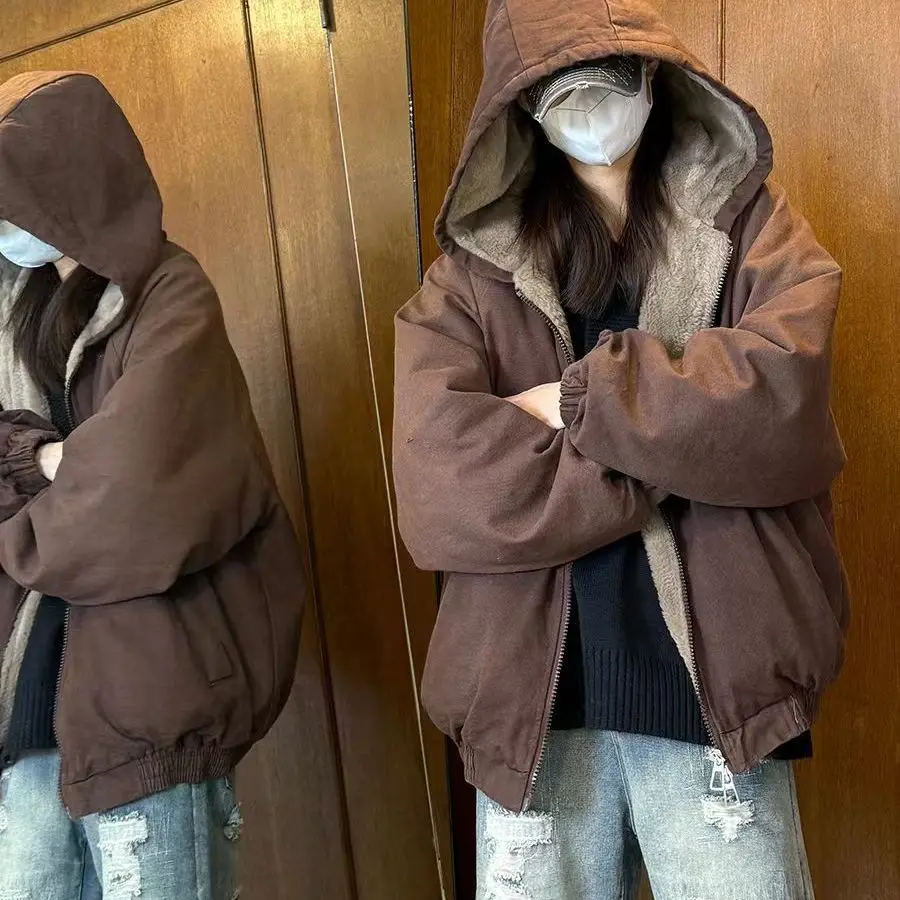 Winter Fleece Lined Jacket Warm Hooded Coat Bomber Jacket Women Long-sleeved Zip Up Streetwear Baseball-style Cotton Coat