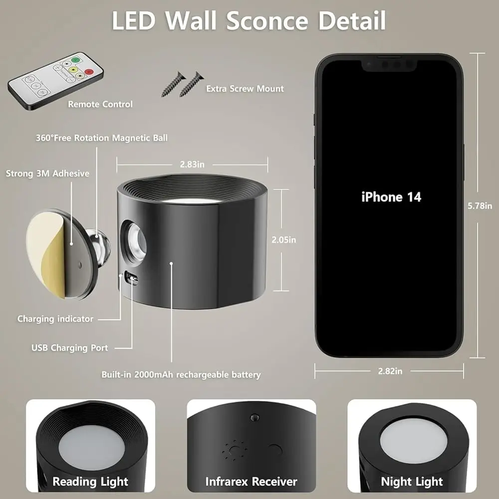 Led Wall Mounted Lights - Rechargeable, Magnetic, Remote Control, 3 Color Temperatures, Dimmable, Portable Cordless, Usb-C