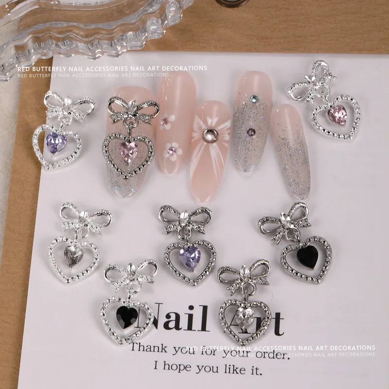 10 SZTUK Luksusowych Zawieszek do Paznokci z Kokardką ze Stopu, Ozdobne Serduszka z Cyrkoniami, Akcesoria do Dekoracji Paznokci, Narzędzia do Manicure