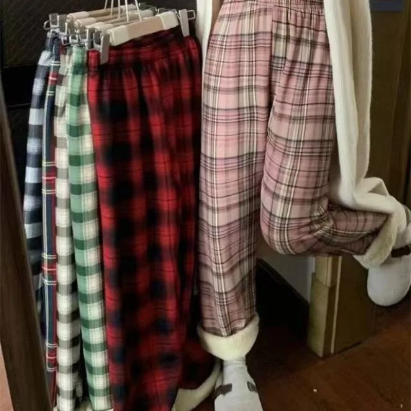 Winter Plaid Wide Leg Pants for Women High Waist Loose Fit Thick Fleece Lined Lamb Wool Casual Warm Trousers for Cold Weather