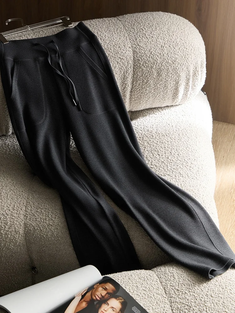 Birdtree voering wolmix flare broek, dameswarmte casual broek, met zakken, elastische taille, herfst winterbroek P5N522JF