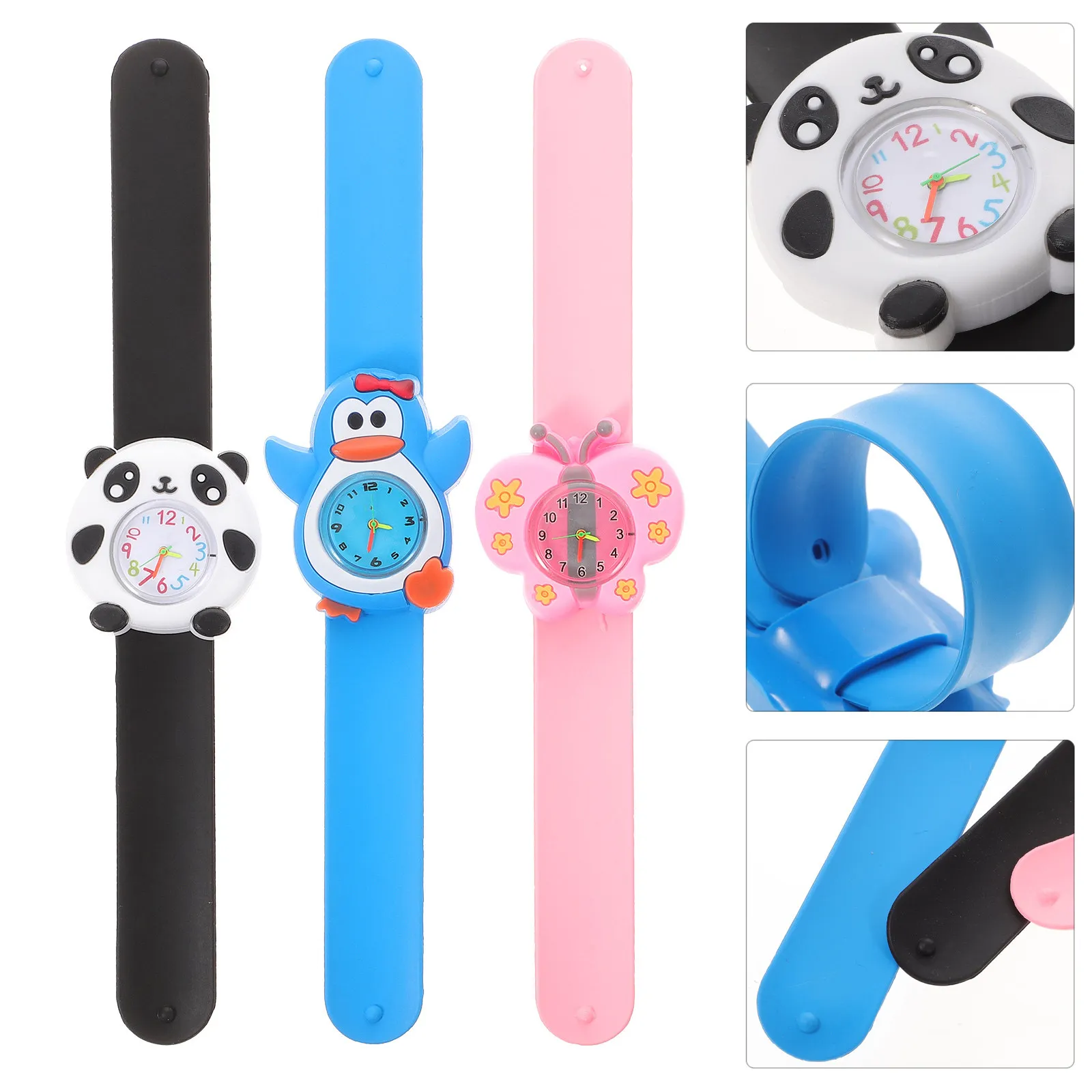 3Pcs Silicone Band Watch Cartoon Lovely Pattern Fun Time Teaching Wristwatch Gift for Watch