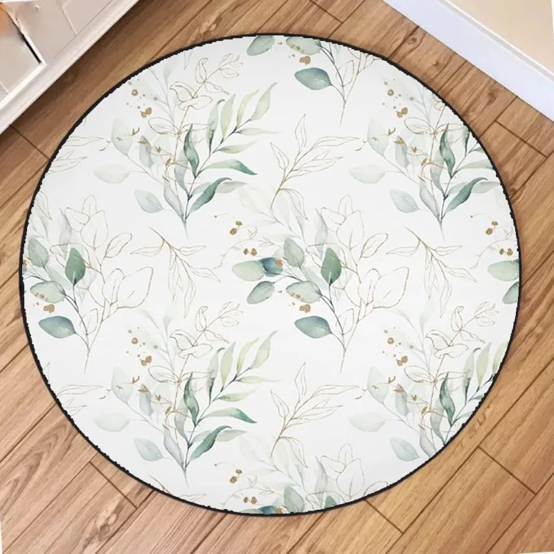 Minimalist Watercolor Green Branch Rug, Natural Leaves and Flowers Floor Mat for Living Room or Bedroom, Home Decor Accent