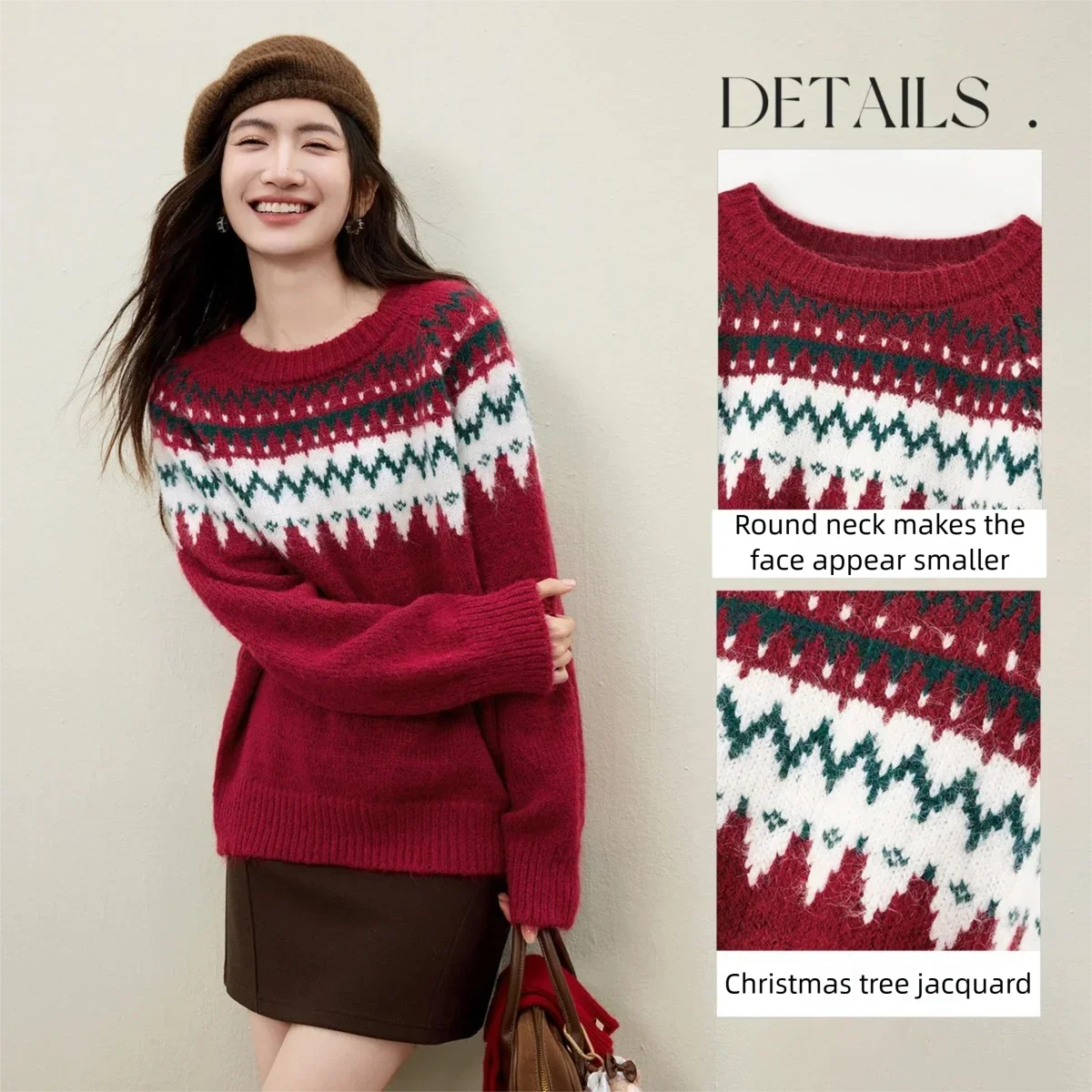 SENTUBILA Women's Chrismas Sweater 2025 Winter Fair Isle Wool Blend Round Neck Loose Knitwear Long Sleeve Top Female W54EE5750