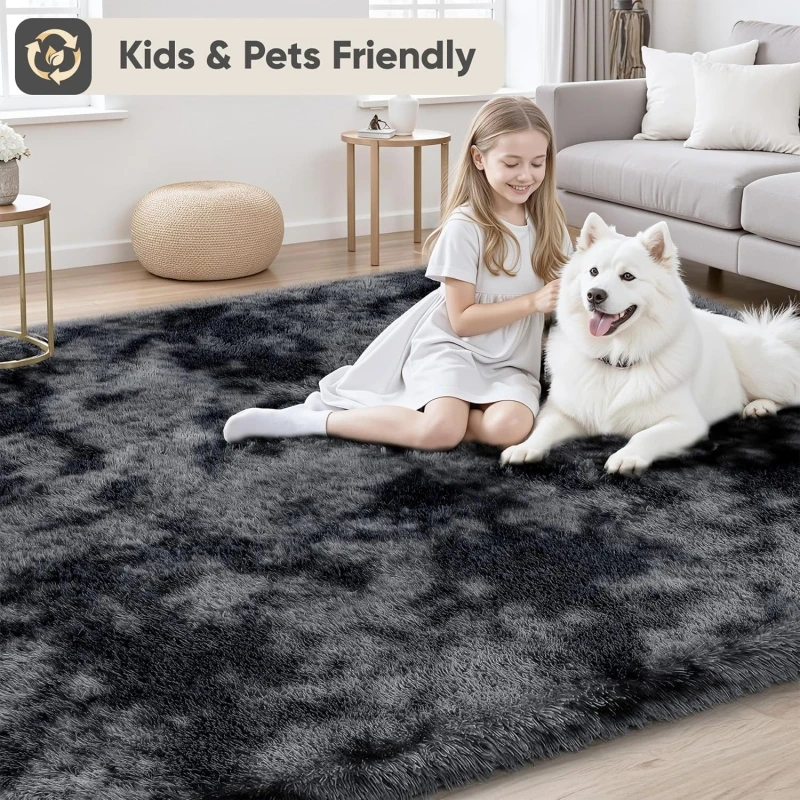 Grey Tie-Dye Shaggy Fluffy Rugs Ultra Soft Non-Slip Plush Carpets Bedroom Living Room Kids Room Large Size Home Decor Floor Mats