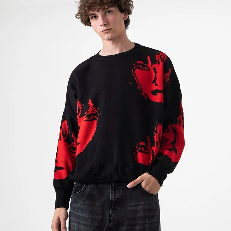 

Solid color pullover Y2K retro printed round neck sweater trend 2025 new personality men's long-sleeved clothes oversize