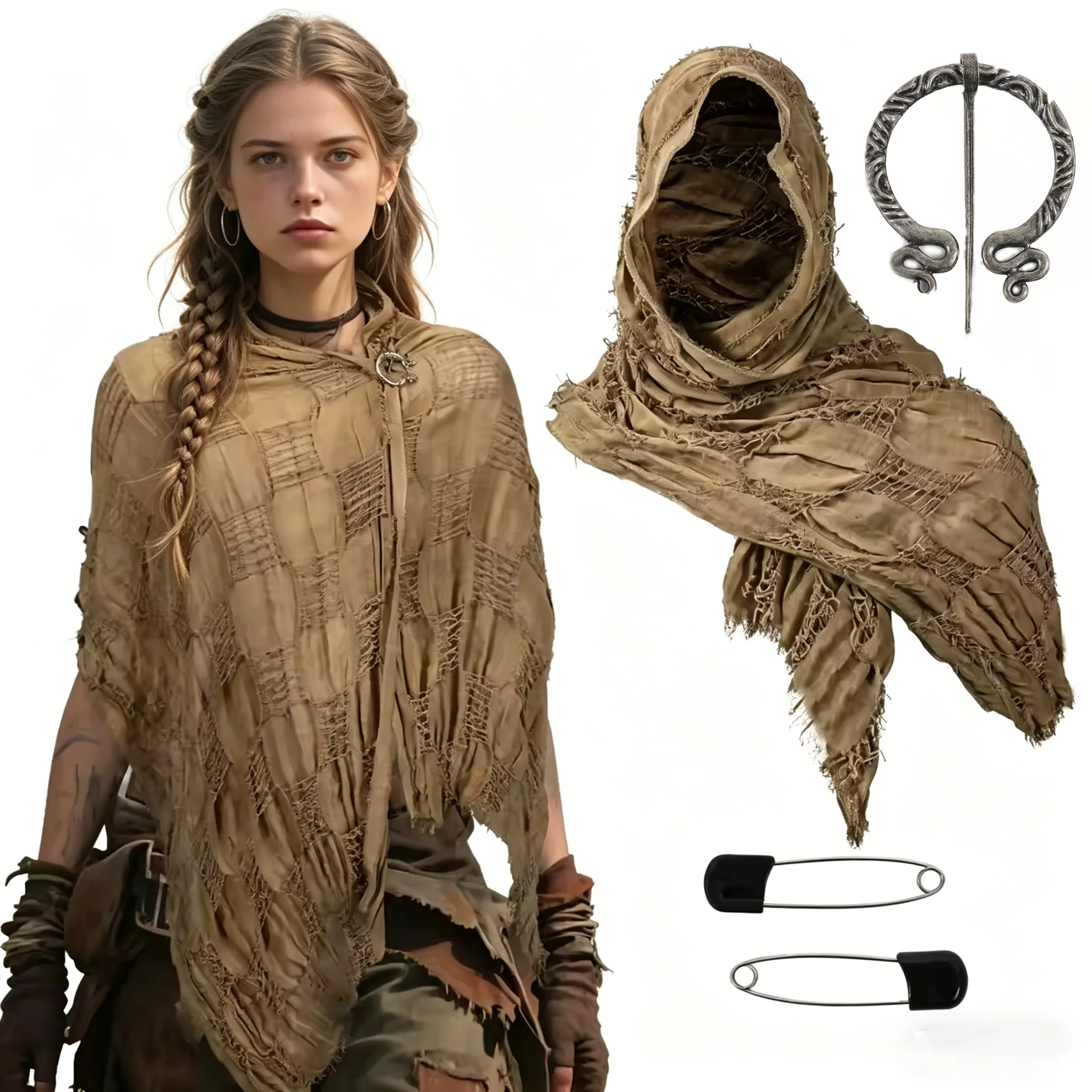 Capa Medieval, Disfraz Renacentista, Chal con Capucha Estilo Duna Desierta, con Broche Vikingo, Bufanda con Capucha, Disfraz de Rufián para Espectáculos