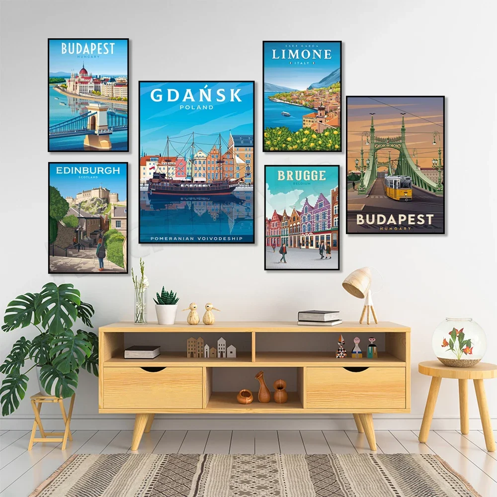 Travel posters of Gdansk Poland, Austria, Hungary, Ajaccio Corsica, Honfleur France, Belgium, Italy, Basel Switzerland, Edinburg