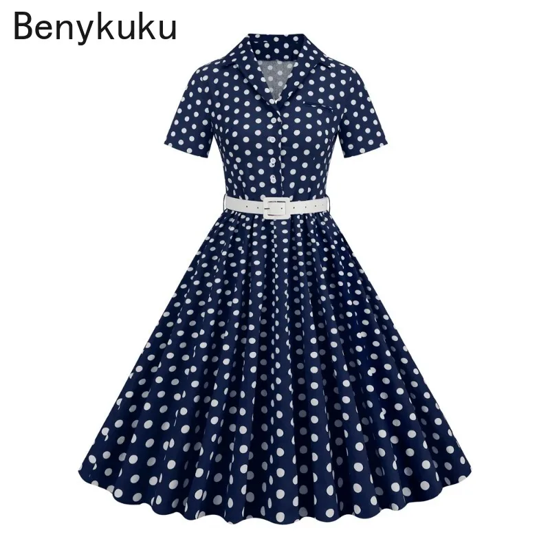 Polka Dot 50s 60s Pinup sukienka Vintage kobiet elegancka szata z paskiem zapinana plisowane odzież damska damskie długie sukienki Rockabilly