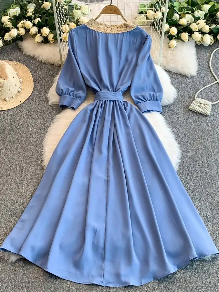 BabYoung Office Lady Vintage French Vestidos Patchwork V Neck Lantern Sleeve Lace Up Robe Satin Slim Waist Dresses