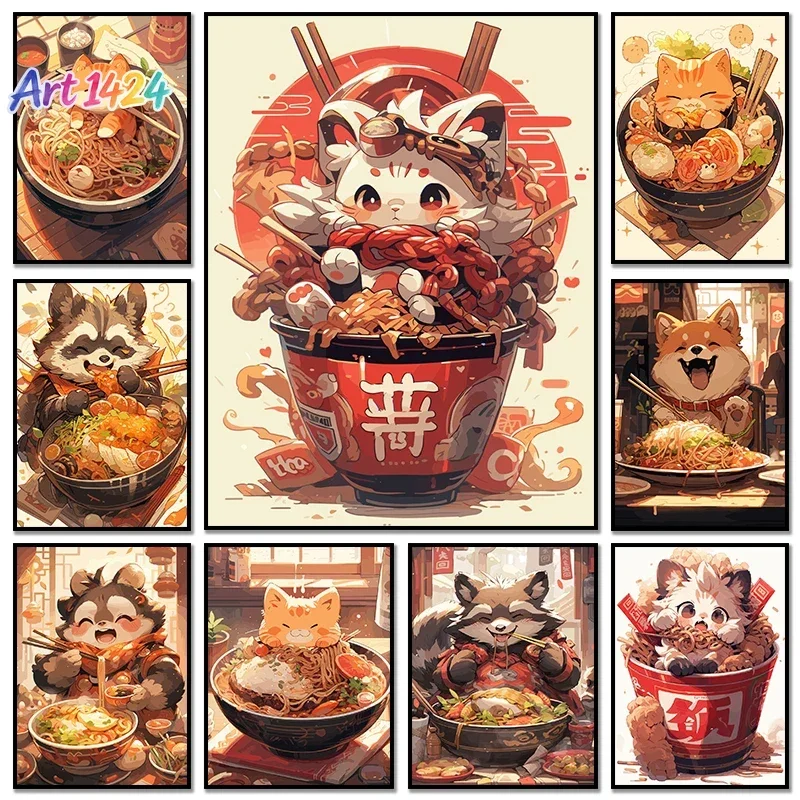 1pc frameless Canvas Painting Japanese Noodle Dog Cat Posters Funny Ramen Noodles Kitchen Wall Art Prints Canvas Painting Pic