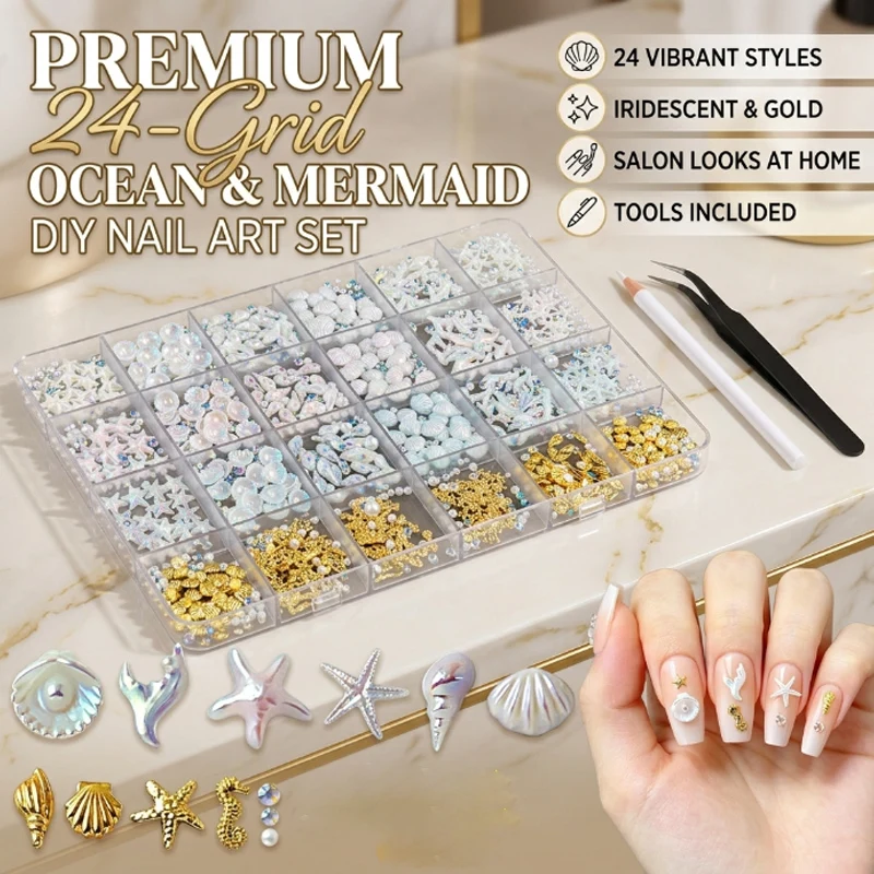 

24-Cell Nail Art Charm Set Ocean Mix of Shells Starfish Pearls Rhinestones Perfect DIY Nail Decoration Kit for Beginners