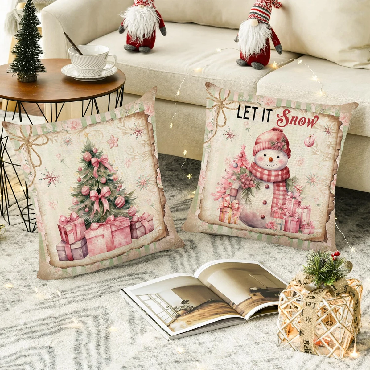 Christmas Pink Santa Claus Pillowcase Navidad Natal Noel Snowman Cushion Cover Merry Christmas Decor For Home 2024 New Year 2025