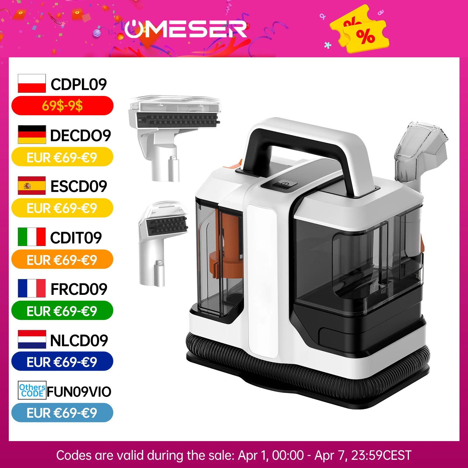 Limpiadora de Alfombras OMESER 750W 15KPa, Máquina de Limpieza Portátil con Aspiración y Pulverización para Tapicería, Pisos, Sofás y Accesorios de Auto