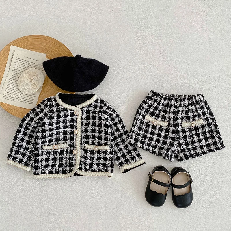 Autumn Winter Korean Style Newborn Baby Girls Clothing Set Long Sleeved Plaid Cardigan Coat+Shorts 0-3Yrs Children Clothes Suit