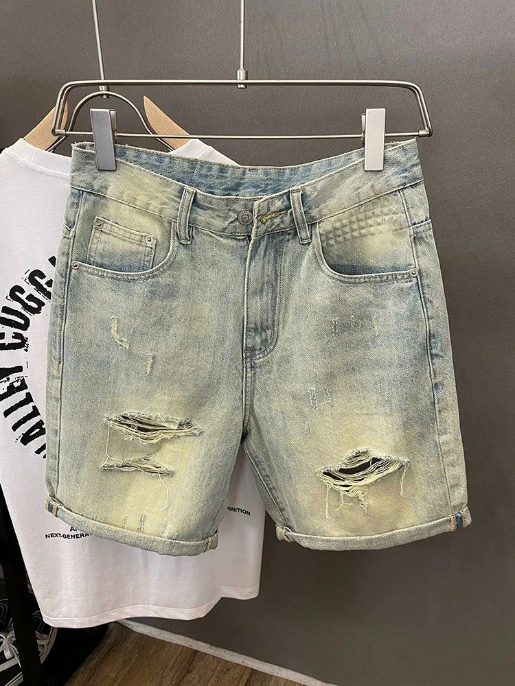 

Мужские джинсы-бриджи в стиле ретро с американским дизайном, летние, модные, уличные, прямого кроя, износостойкие, повседневные