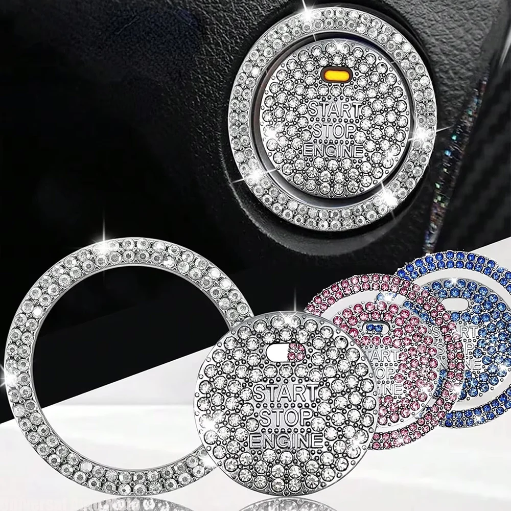 1Pc Shiny Rhinestone Loop Car Start Button Cover Universal Easy Install Vehicle One-Click Start Protective Cover for Car Interio