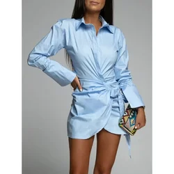 Women's S-2XL size Summer Long sleeved Dress Simple Solid Color Flip Collar Fashion Dress Waist Tie up Casual Women's Dress