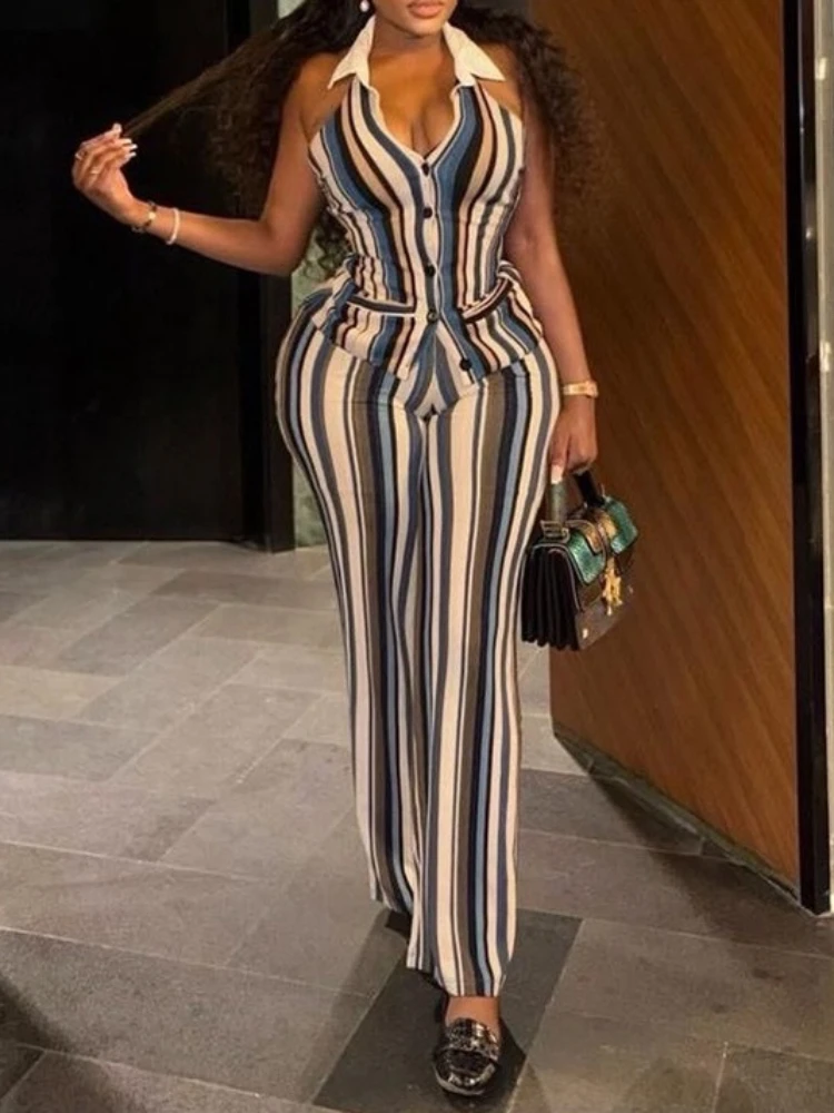

Foamlina Retro Striped Halter Neck 2 Piece Set Women Fashion Button Up Sleeveless Top & Long Pants Matching Suit Female Outfit
