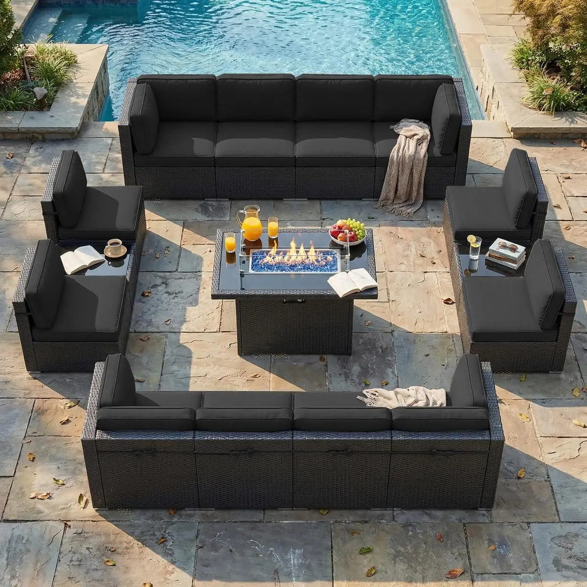 

15pc Patio Furniture Set Fire Pit Table Outdoor Conversation Rattan Sectional Sofa Coffee Table Customized