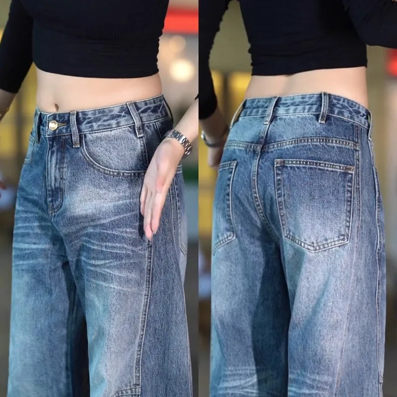 

Cool Patchwork Men's Wide Leg Jeans Faionable Autumn Winter Loose Fit Casual Cotton Denim Trousers Urban Sle Straight Leg