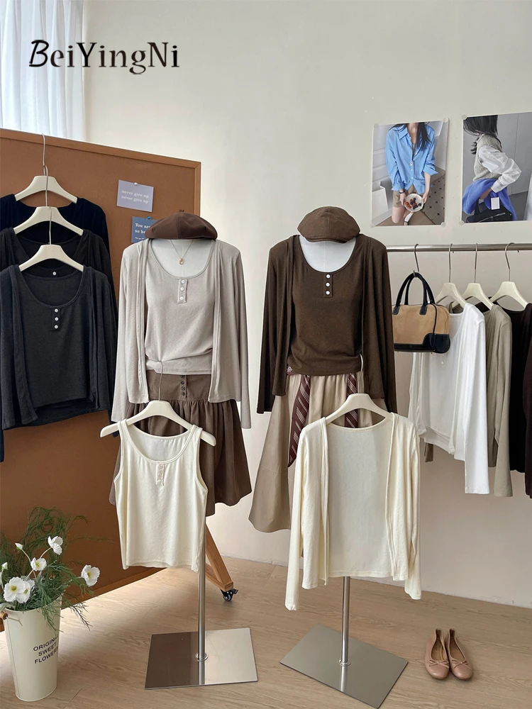 Beiyingni 2026 Winter Women's Cardigan + Vest 2 Piece Sets Solid Color Casual Cashmere Sweater Ladies French Elegant Knit Tops