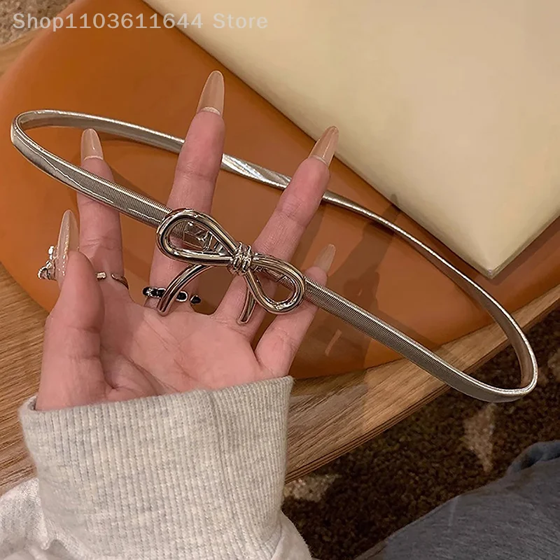 Ins المعادن القوس عقدة حزام قوة مرنة قابل للتعديل النساء Y2k خمر حزام تنورة السراويل اكسسوارات الصيف فتاة سلسلة الخصر المعدنية #3