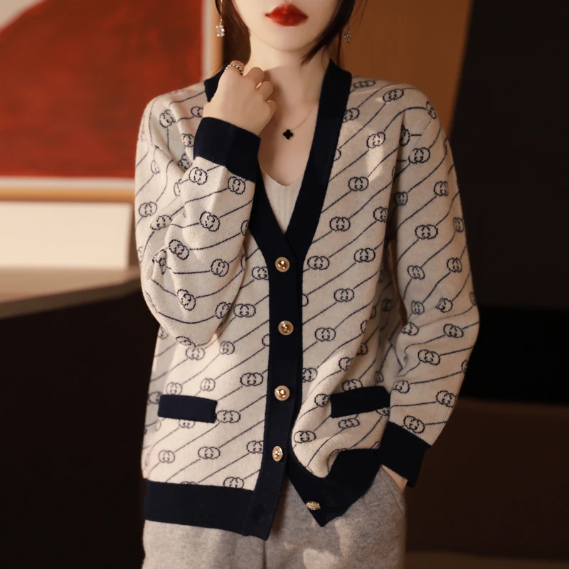 100%Women's Cardigan, Pure Wool Knitted Sweater, Cashmere Sweater, High-end Wool Jacket, Fashionable letter Pattern Jacket