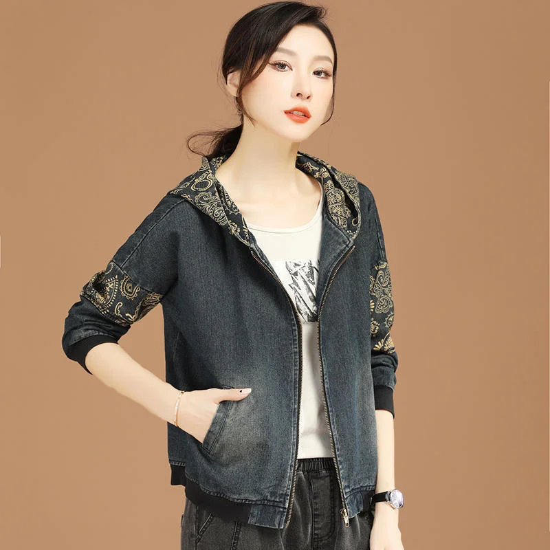 Frauen Retro Gedruckt Casual Mit Kapuze Denim Jacke 2022 Frühling Herbst Neue Weibliche Lose Jacke Baseball Uniform Cowboy Mantel frauen EIN