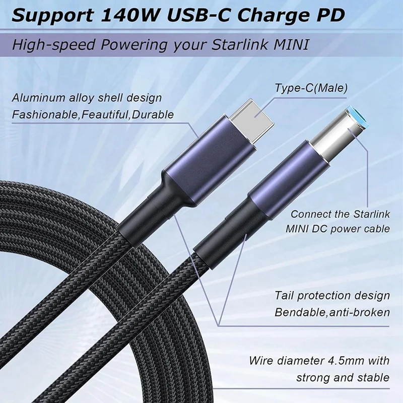 For Starlink Mini Type C To DC Power Cable Support 140W USB C Charging Cable For Starlink & Mobile Power Bank 180Cm