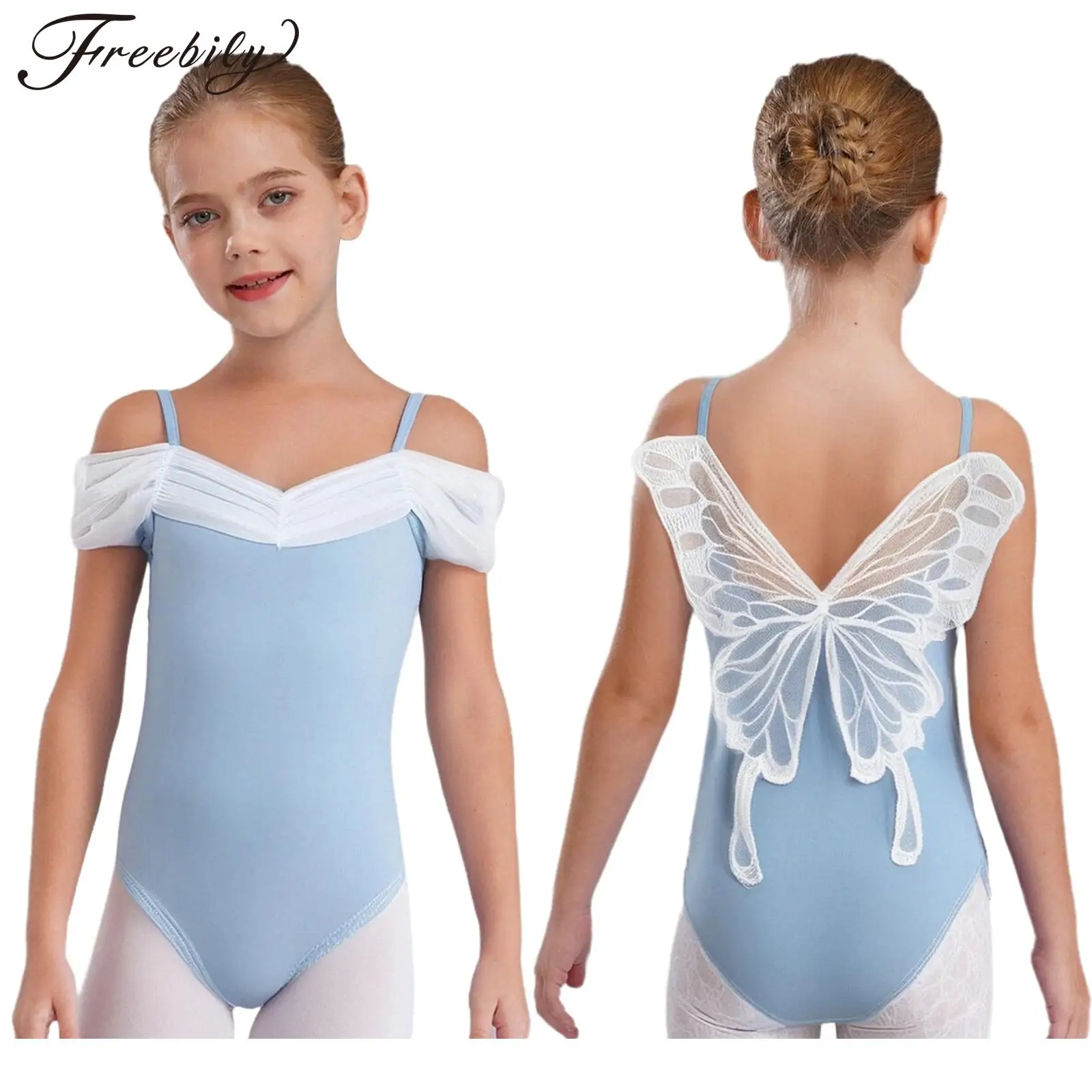 

Купальник для балета и танцев для девочек, бабочка сзади, рюшами, сетчатые бретельки, гимнастическое боди, детский костюм балерины для занятий йогой