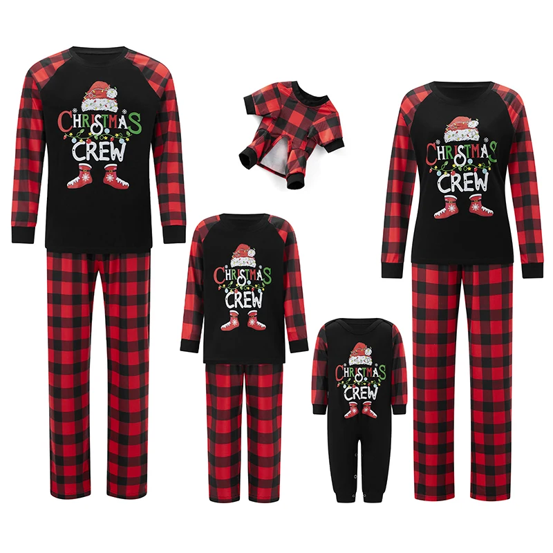 Christmas Family Pajamas Matching Set Letter Santa Hat Print Long Sleeve Tops and Plaid Pants Sleepwear