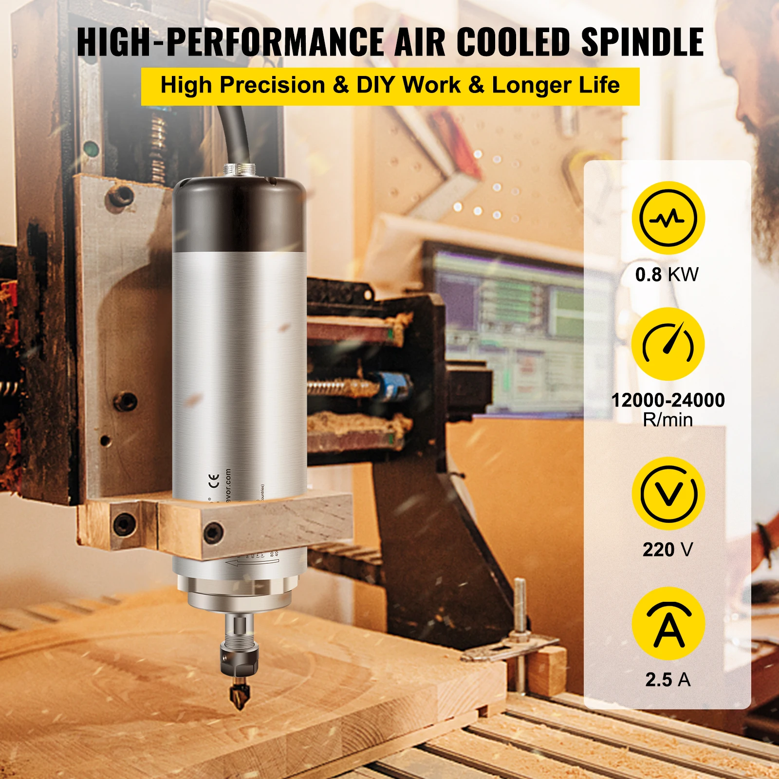 VEVOR Air Cooled Spindle Motor 0.8KW/1.5KW/2.2KW/3KW/ 4KW ER11/ER20/ER25 Collect for CNC Router Engraving Milling Machine Use