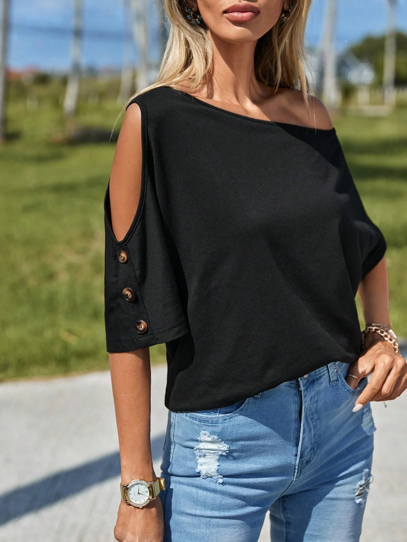 Loose, casual, leisure travel, sleeveless, open-front T-shirt for women, summer wear, sensual, angled shoulder neckline, buttons
