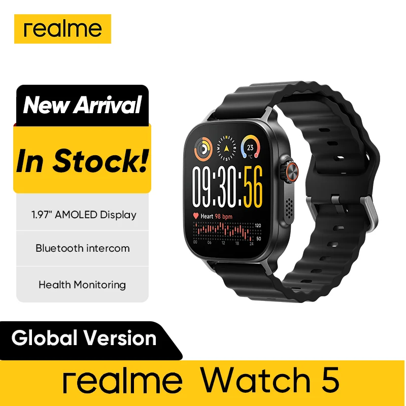 

Глобальная версия часы Realme 5 1,97 дюйма 600 нит AMOLED 460 мАч 14-дневный срок службы батареи 300+ темы Поддержка GPS GNSS IP68 водонепроницаемый