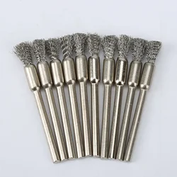 5/10pcs Pencil Brushes Stainless Steel Mounted Wire Wheel Mandrel Set Dremel Accessory Rotary Tools 3.17mm Shank Mandrel Silver