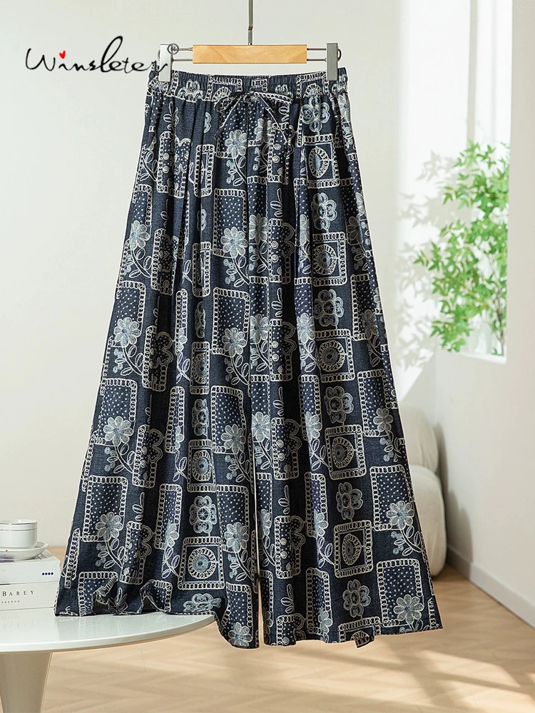 

Winsleter-Women 70%Silk 30%Cotton Elegant Trousers, Elastic Waist Floral, Retro Casual Wide Leg Pants, 2025 Summer New B56515CC