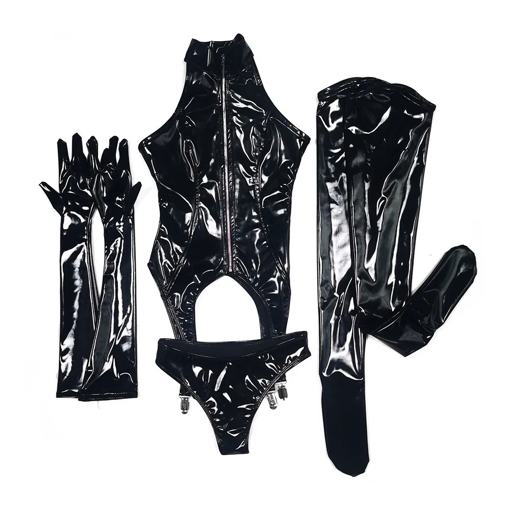 Sexy Wetlook Faux Leather Lingerie Black Catsuit Maid Cosplay Costume Erotic Teddy PU Leather Crotchless Bodysuit Tights