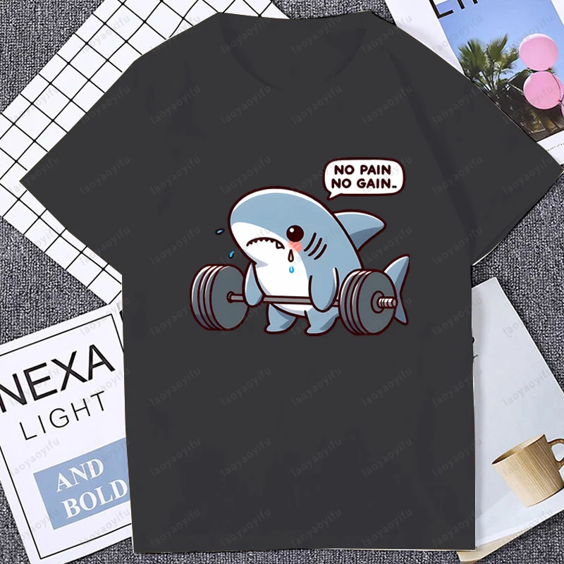 Funny Cartoon Shark Graphic No Pain No Gain GYM Tshirt Fitness Bodybuilding Casual Fashion Loose Sports T Shirt Short Sleeve Tee