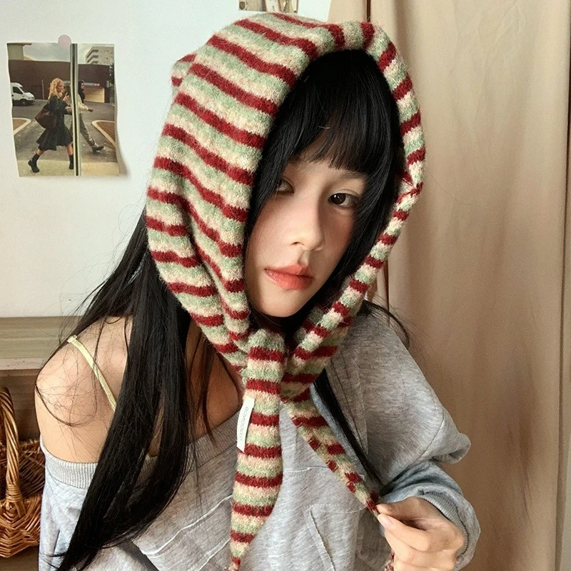 Striped Korean Ins Style Knitted Scarf Winter Ladies Japanese Wool Triangular Scarf Shawl Versatile Outdoor Jumper Accessories