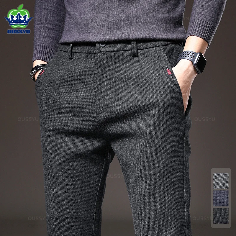 Autumn Winter Men\'s Brushed Fabric Casual Pants Business Fashion Slim Fit Stretch Thick Gray Blue Black Cotton Trousers Male