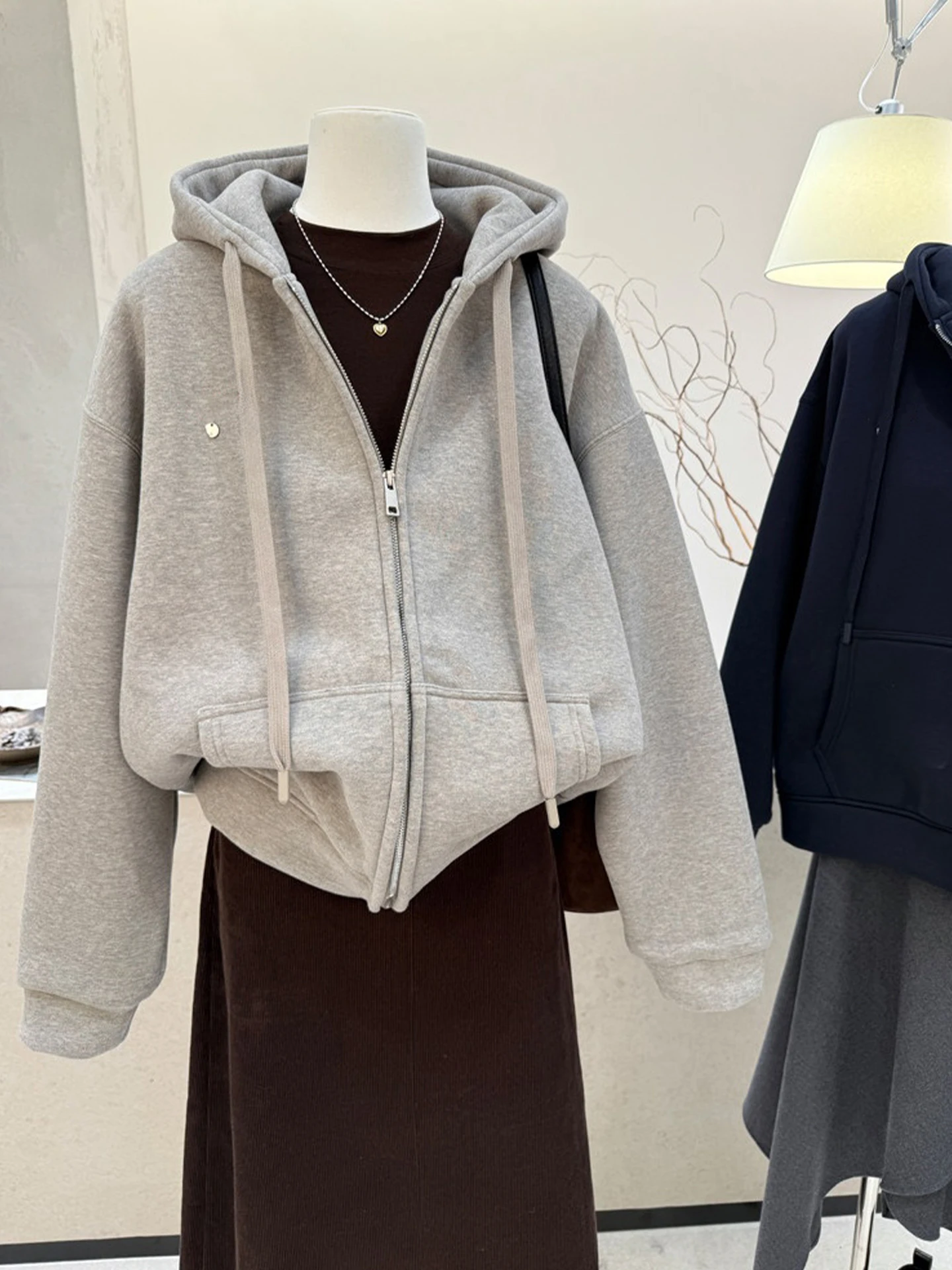

Thiened Zipper Hoodie Long Sve Women's Sweatirt Winter Casual Versatile Loose Fit Faionable Design Korean Sle