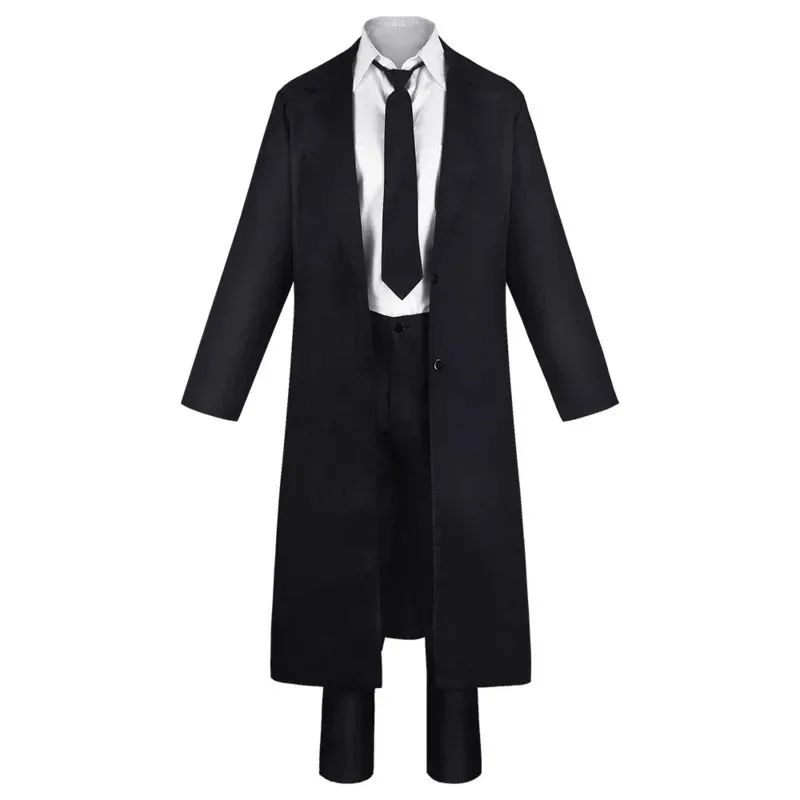 Anime motosega uomo Makila costume cosplay nero trench camicia cravatta pantaloni Makila parrucca lunga treccia rosso chiaro uomo donna uniformi
