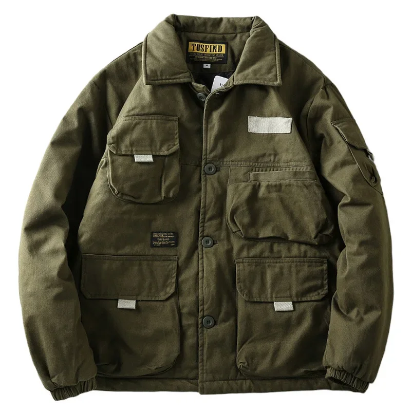 Workwear Parkas Men\'s Winter Cotton Padded Coat Green Vintage Cargo Jacket Lapel Collar Multi Pocket Jacket Safari Clothes