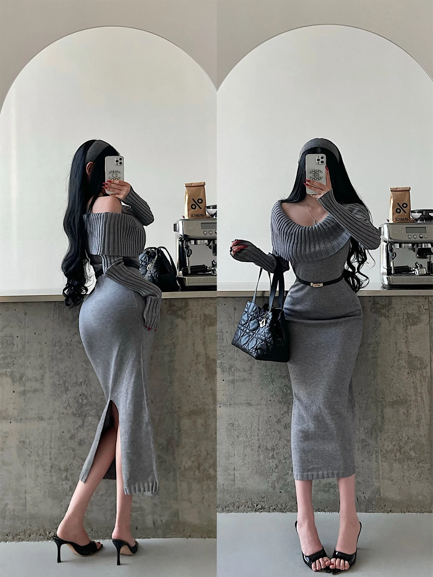 

Elegant Knitted Long Sleeve One Shoulder Dress with Back Split Bodycon Floor Length Women's Daily Wear Gentle Style Dress