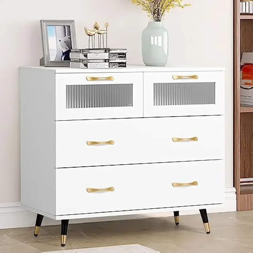 

Small White Dresser, Modern Dresser for Bedroom, 4 Drawer Double Dresser with Wide Drawer and Metal Handles, Wood Dressers