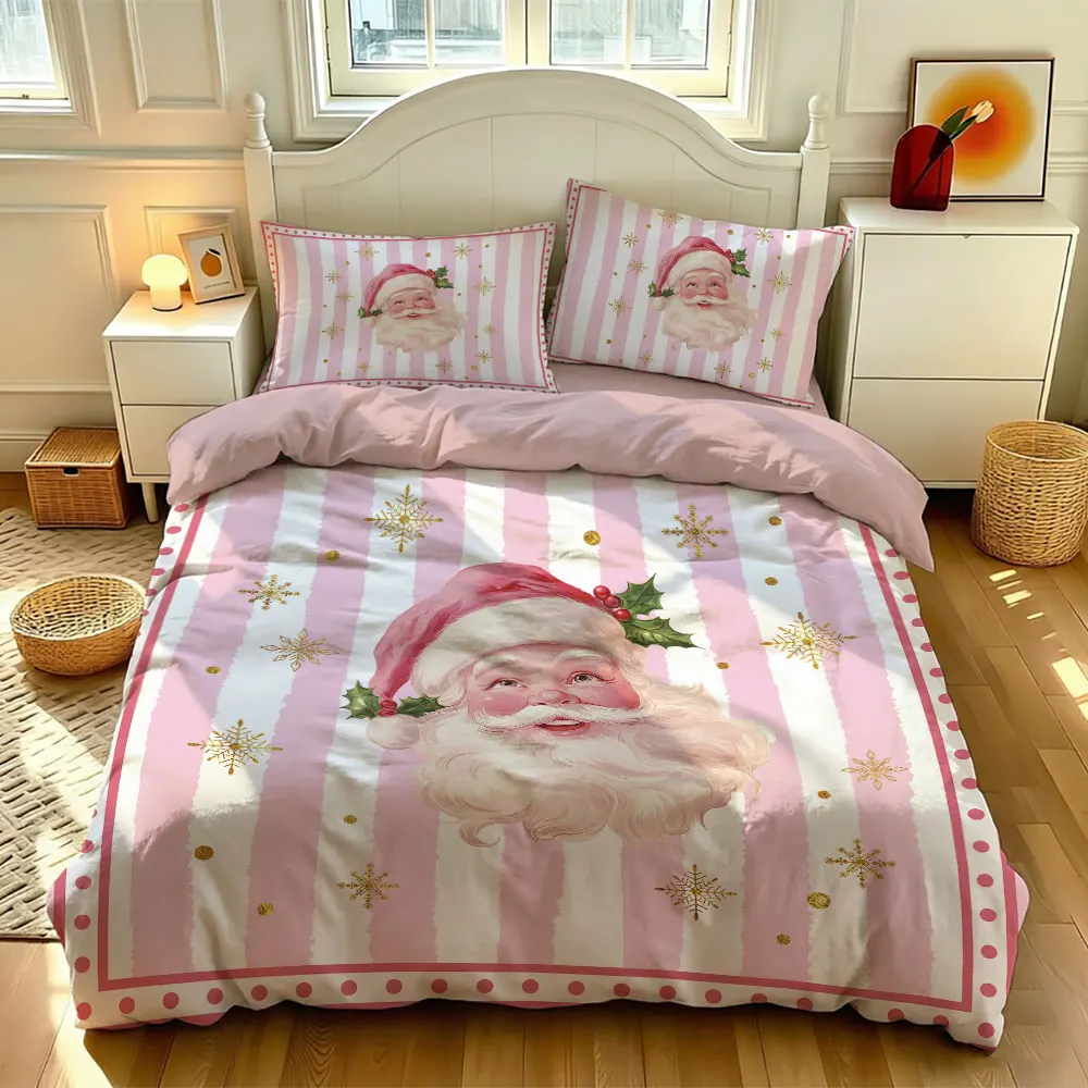 3pcs set(1 bedspread + 2 pillowcases) with pink striped background and Santa Claus head pattern perfect for home decoration