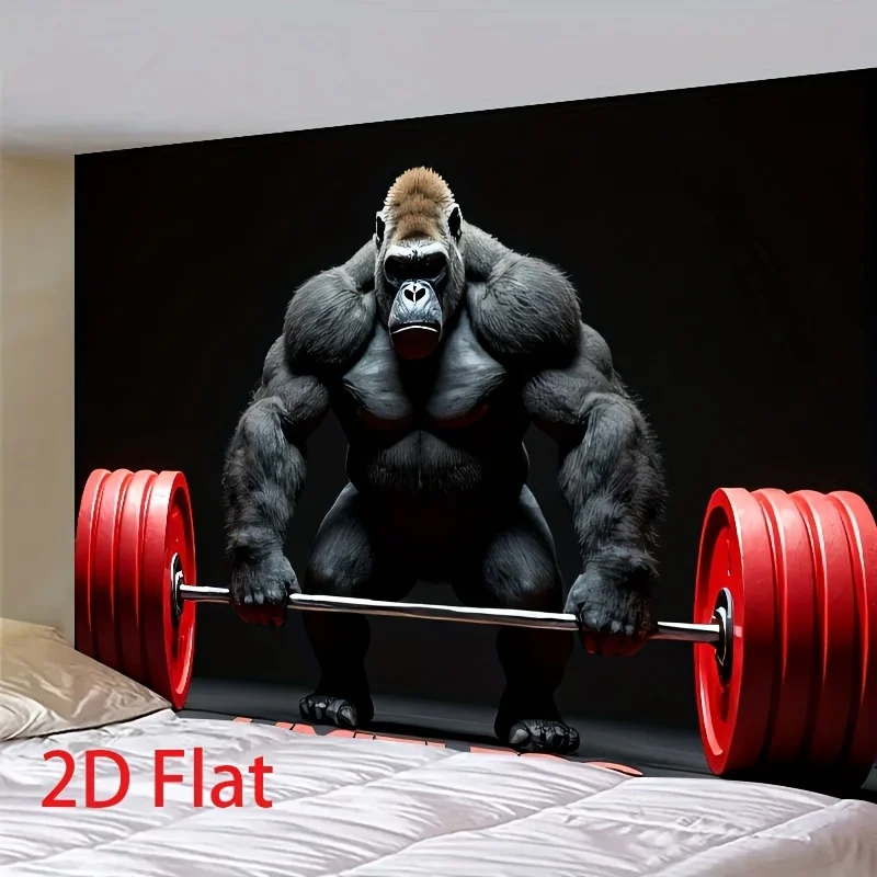 Gorilla Gym Tapestry - Hardcore Weightlifting Animal Wall Art, Fitness Motivation Decor, Powerlifting Barbell Hanging, Polyester